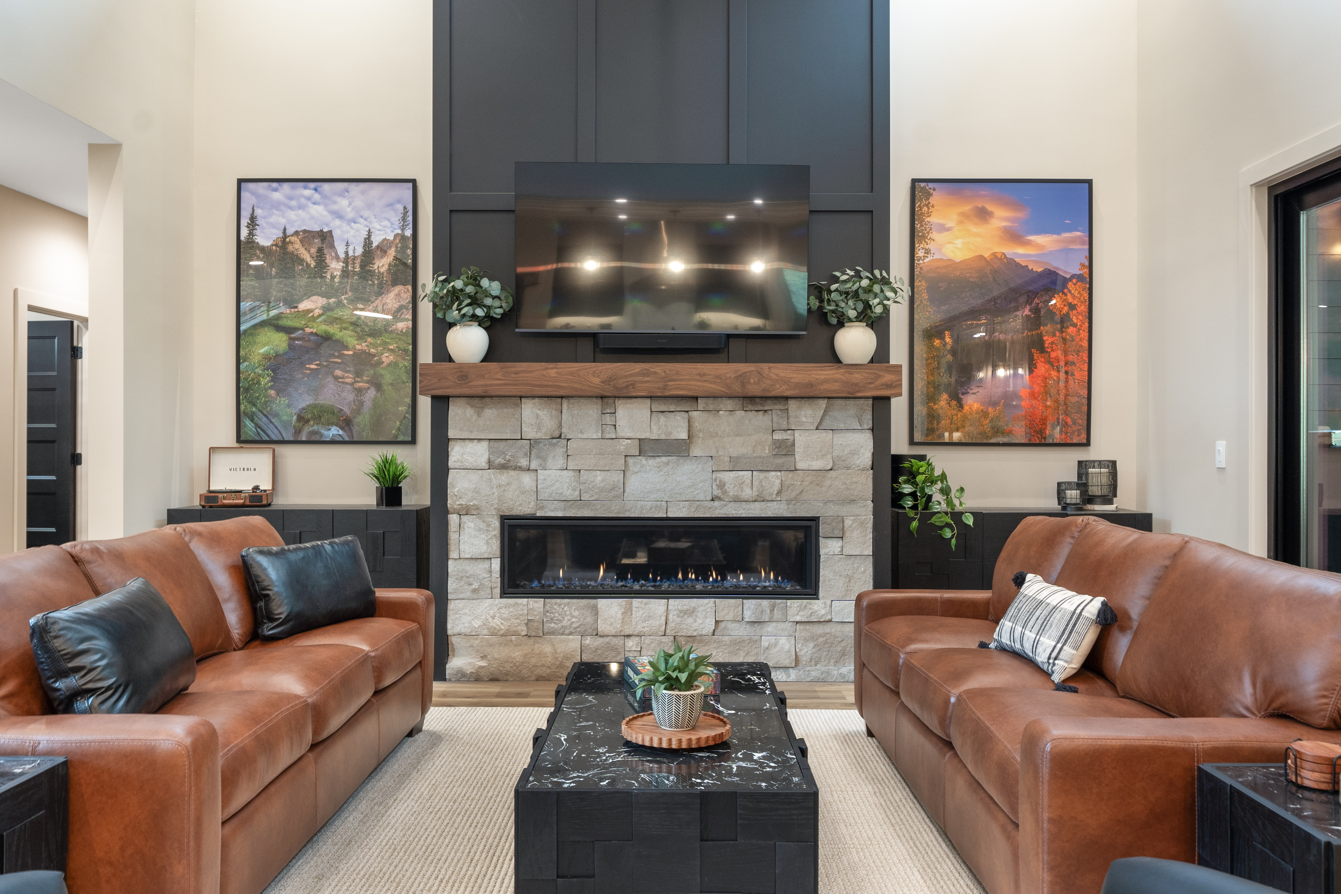 Great room with stone fireplace
